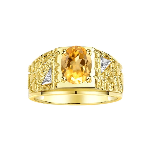 RYLOS Men's Rings Yellow Gold Plated Silver Designer Nugget Ring Oval 9X7MM Gemstone & Diamonds Citrine Birthstone Rings For Man Size 12