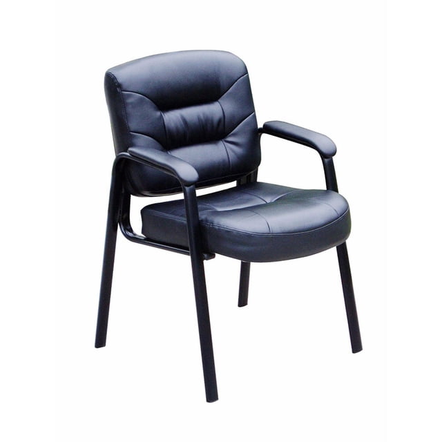 Nicer Furniture Scratch Resistant with Arms And Metal Leg Side Black Leather Guest Chair with padded black leather seat and backrest featuring stitched detailing, supported by black metal legs and armrests, suitable for office reception areas.