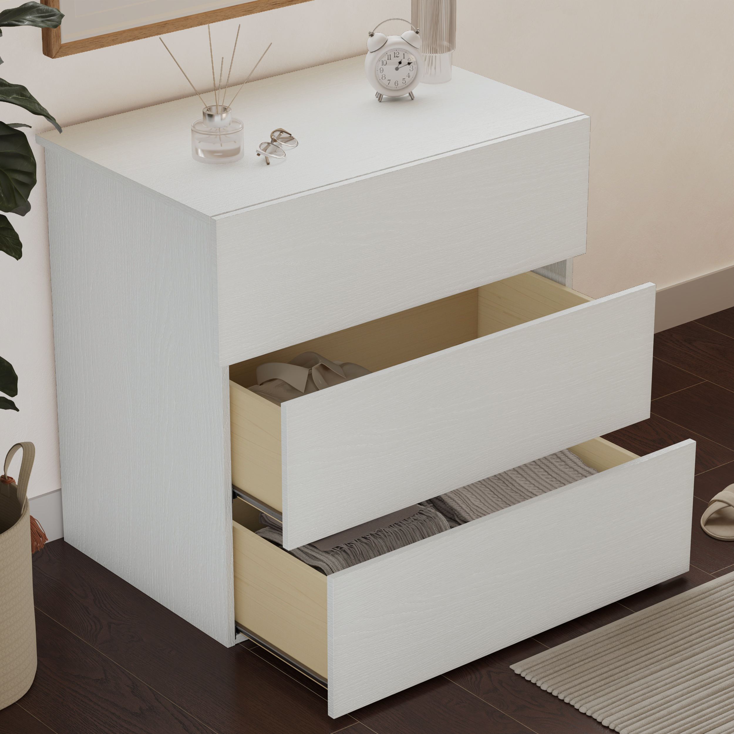 Commode moderne à 3 tiroirs Nexera James, Chêne blanc