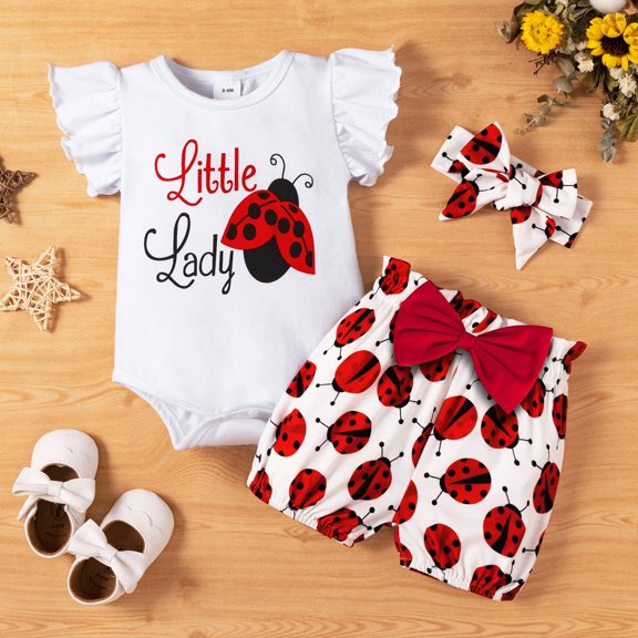 PatPat Ensemble 3 Pcs pour Bébé Fille Coccinelle, Barboteuse à Manches Longues et Pantalon à Nœud, Vêtements d'Automne Tenue pour Nouveau-Né, 0-18 Mois