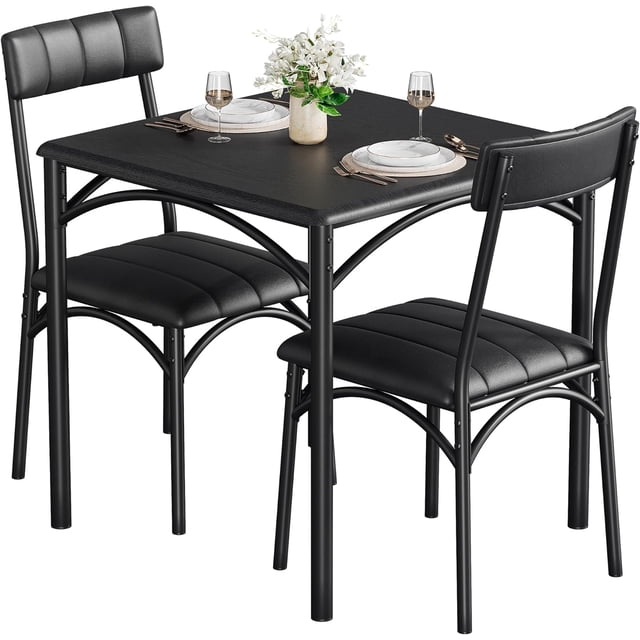 Bingirl Small 3-Piece Dining Table Set for 2: Kitchen Table with Cushioned Upholstered Chairs, Ideal for Kitchens, Apartments, and Small Dining Spaces (Black)