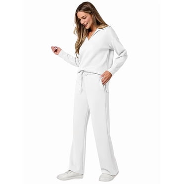 Women 2 Piece Outfits 2025 Fall Fashion Wide Leg Pants Lounge Set Leisure Travel Vacation Sweatsuits Gray Blue M