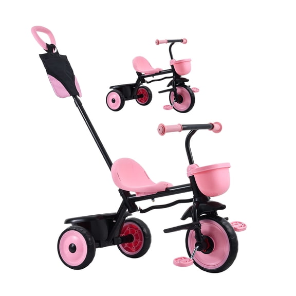 KFFKFF Tricycle et Poussette pour Tout-Petits de 18 Mois à 5 Ans, Tricycle pour Enfants avec Poignée de Poussée pour Parent, Siège Ajustable et Rangement pour Jeux Extérieurs, Tricycle pour Tout-Petits