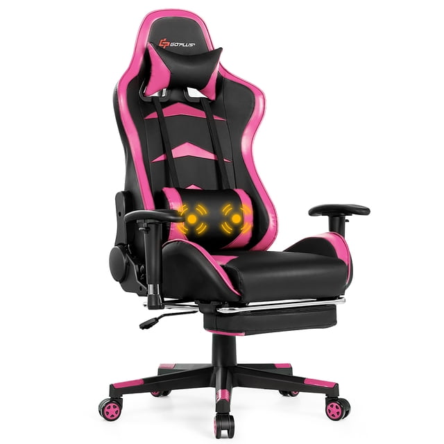 Goplus Massage Gaming Chair Reclining Swivel Racing Office Chair with Footrest Pink