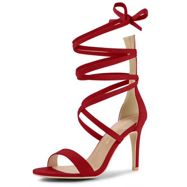 BLISSFUL STEP Women's Open Toe Stiletto Heeled Lace up Solid Sandals