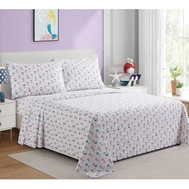 Marina Decoration Kids Girls Toddlers Cute Printed 600 Thread Count Soft Deep Pocket Cotton Blend Percale All Season Bedding Sheet Set, Cartoon Mermaid Pattern
