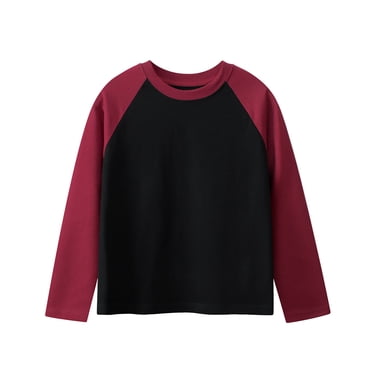 WUANDIXFA T-Shirts en Coton pour Tout-Petit Garçon Automne Hauts à Manches Longues pour Garçons Confortables Doux à la Mode à Blocs de Couleur Décontractés Hauts à Manches Longues pour Garçons Rouge, 7-8 Ans