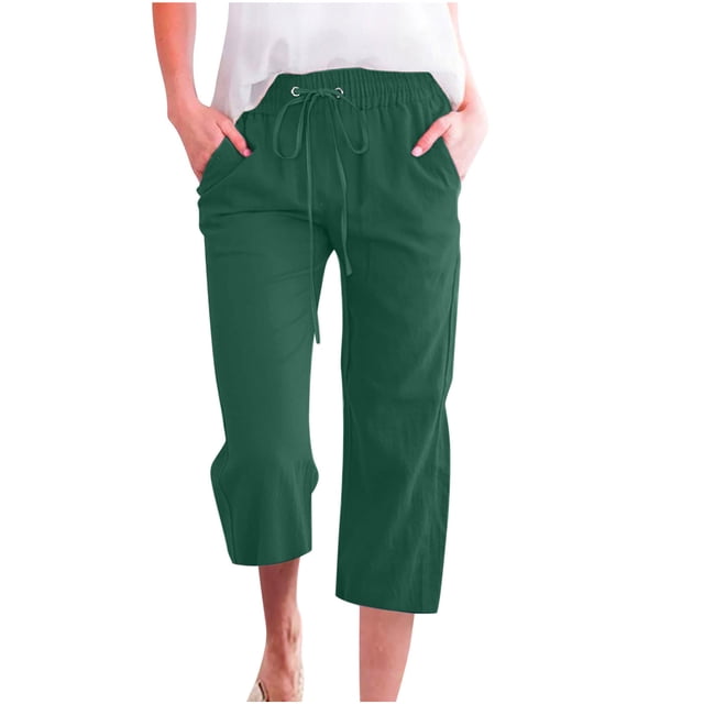 Plebaso Womens Elastic Waist Capris Pants Solid Color Straight Wide Leg Trousers With Pockets Ladies Casual Trousers