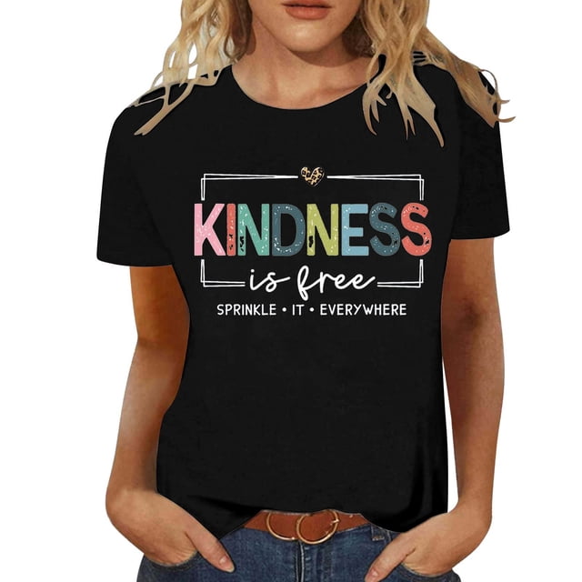 LUOGENLI T-shirts pour Femme pour Femmes Mode Décontractée Col Rond T-Shirt à Lettres Imprimées Manches Courtes Haut T-shirts pour Femmes T-shirts Graphiques Pêche Saint-Valentin Noir P