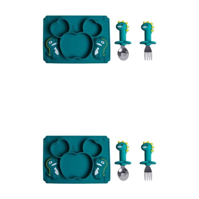 mmirethe Easy To Clean Baby Silicone Tableware Set Made With Silicone And Stainless Steel For Encourages dark green 2 2Set