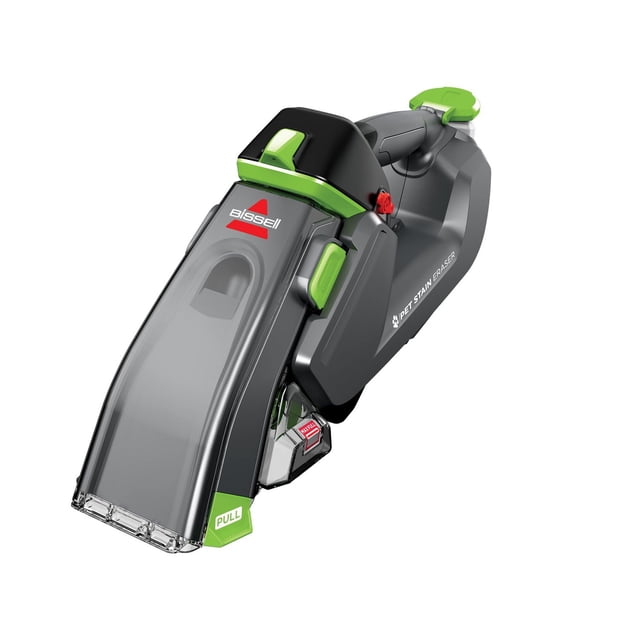 BISSELL® Pet Stain Eraser™ cordless portable carpet cleaner in 3/4 profile with dark gray body and green accents, transparent front nozzle, and ergonomic handle, designed for quick removal of pet stains and dirt on carpets, stairs, and upholstery.