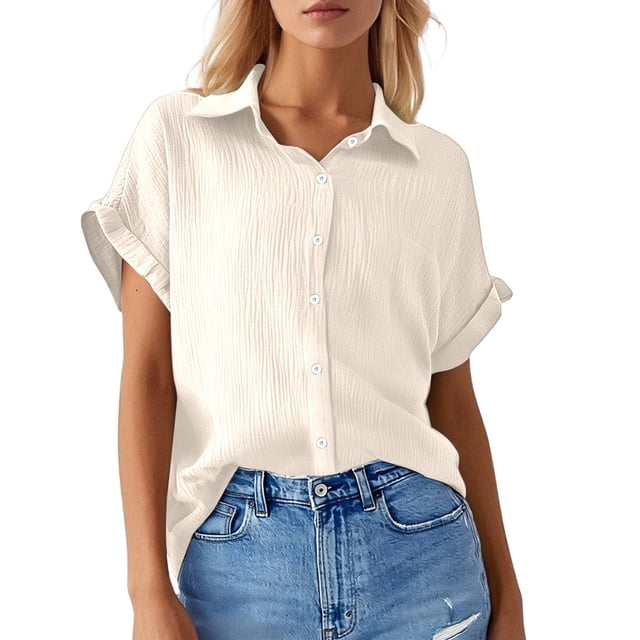 Women's Solid Color Casual Batwing Sleeve Button Pocket Short Sleeve Shirt