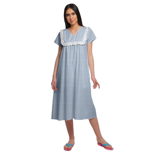 Moomaya Robe de Nuit à Manches Courtes Imprimée pour Femme, Col en V, en Coton