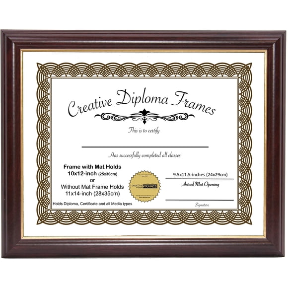 CreativePF [10x12-Diploma] Mahogany Frame with Gold Rim, White Matting Holds 10x12-inch Documents with Glass and Installed Wall Hanger