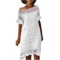 thumbnail image 1 of Robes pour Femmes en Coton et Lin Blanc à Manches Courtes, Dentelle Florale au Crochet, Robe T-Shirt d'Été Décontractée, Tunique Ample, Robe Droite, 1 of 6