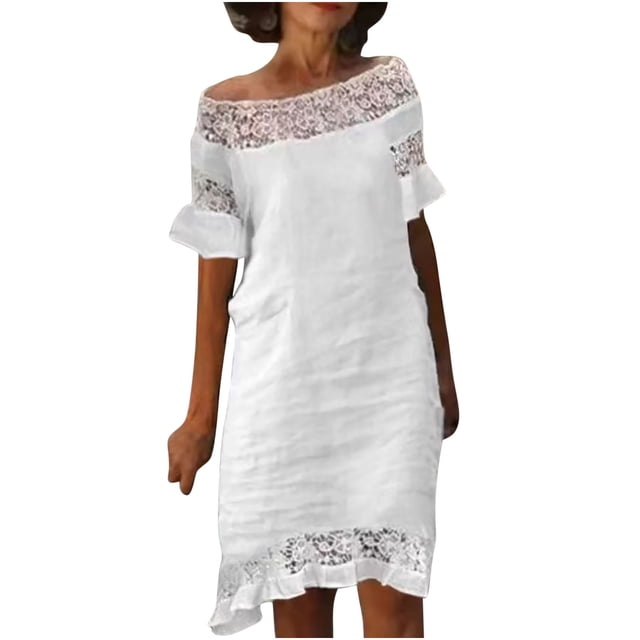 Robes pour Femmes en Coton et Lin Blanc à Manches Courtes, Dentelle Florale au Crochet, Robe T-Shirt d'Été Décontractée, Tunique Ample, Robe Droite