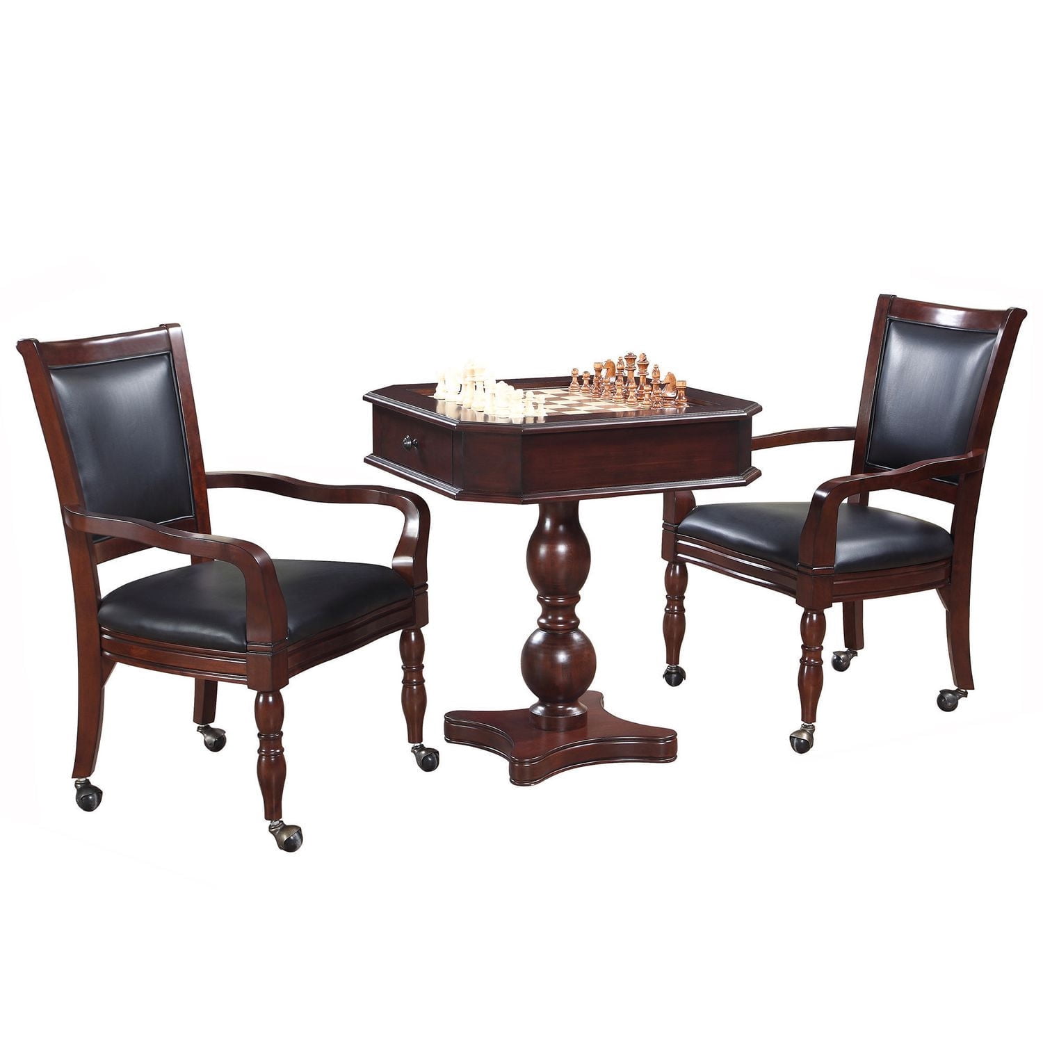 Jeu d’échecs, dames et backgammon Fortress de Hathaway sur table en piédestal avec chaises