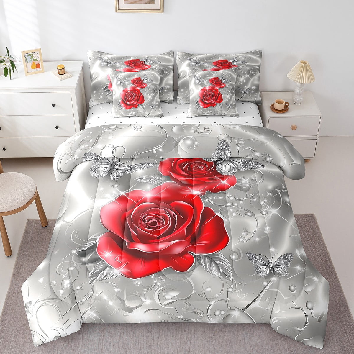 Red Rosa Book Red Rose Floral Comforter Set 7 Pieces,Garden Flowers Butterfly Bed Set ...