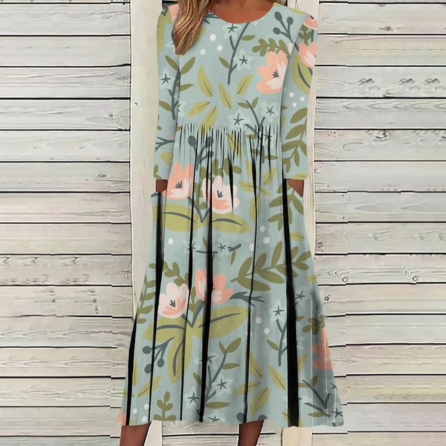 Vendredi Fou TIMIFIS Robe maxi d'Automne pour Femme à Manches Longues, Col Rond et Coupe Ample Décontractée avec Poches. la Robe Présente un Imprimé floral dans des Tons pastel sur un Fond Bleu Pâle, Idéale pour le Port Quotidien, le Retour à la Maison Ou les occasions Décontractées au Printemps, en Automne Ou en Hiver. Fabriquée en polyester pour le Confort et la Durabilité.
