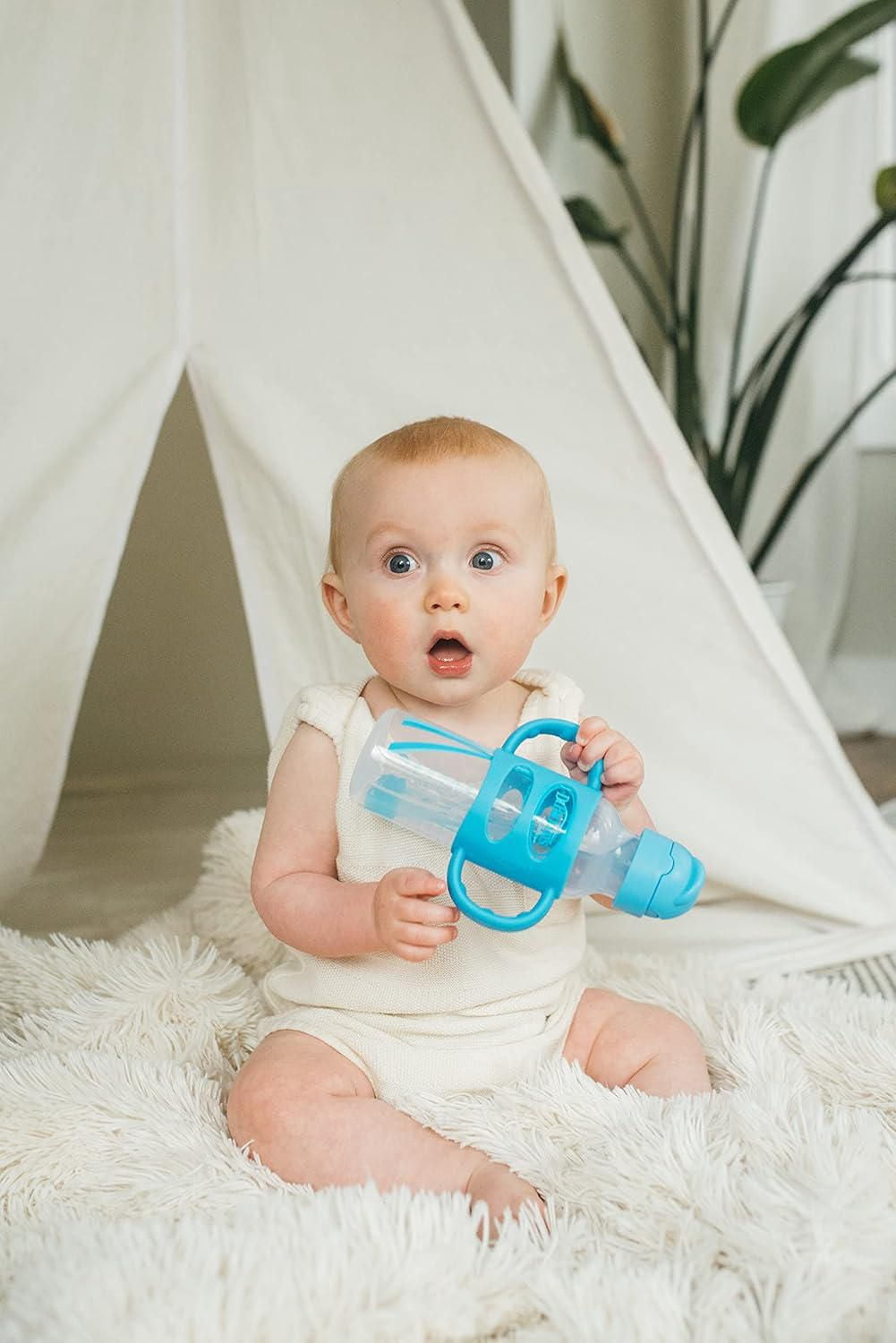 Dr. Brown's Milestones Narrow Sippy Straw Bottle, Spill-Proof with 100% Silicone Handles, Gray/Blue, 6m+, 2x8oz Bottles