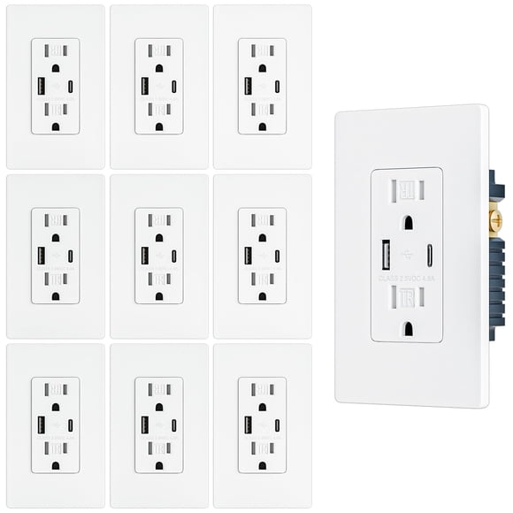 10 Pack - BRILLTECH 4.8A/24W USB Outlet, Wall Outlet with Type C & Type A Ports, 15 Amp Receptacle Plug, Tamper-Resistant Receptacle, Screwless Wall Plate Include, UL Listed, Whit