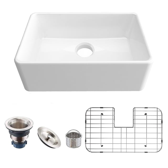 24-inch farmhouse ceramic kitchen sink, apron-front, with strainer & grids
