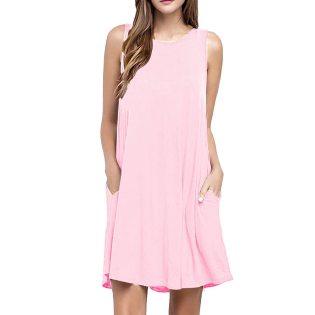 Robes de Fête Roses Femmes Col Rond Décontracté Poches Sans Manches au-Dessus du Genou Robe Ample Robe de Fête Robes d'Invitée de Mariage pour Femmes