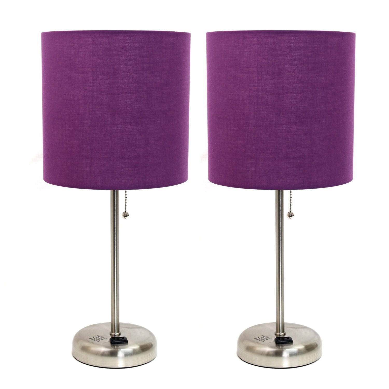 LimeLights Brushed Steel Stick Lamp with Charging Outlet and Fabric Shade 2 Pack Set