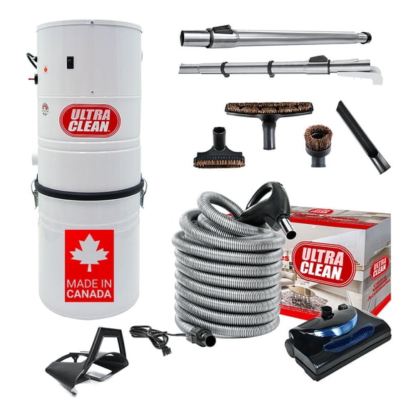 Ultra Clean SC100 Heavy Duty Powerful Central Vacuum System – Made in Canada – with Deluxe Electric Hose, Powerhead and Accessory Package (35 ft, Pigtail, Black)