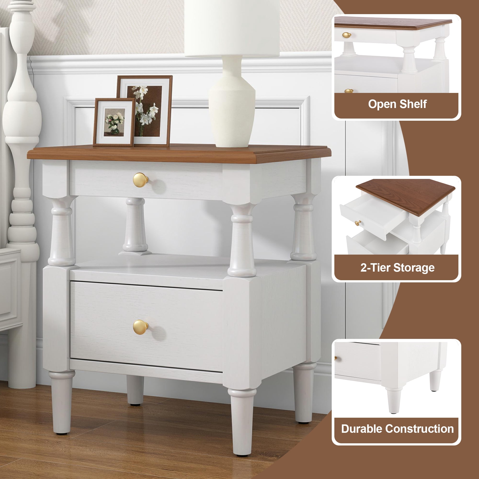 Homy Casa Seattle Contemporary MDF Bedside Table Nightstand with Drawer & Shelf, 22.44 Inch, White