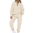 thumbnail image 1 of MAWCLOS Women Jogger Sets Long Sleeve Tracksuit Set Solid Color Two Piece Outfit Breathable Sports V Neck Sweatsuits Apricot M, 1 of 5