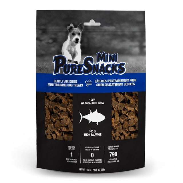 Mini-PureSnacks Entraîneurs Séchés à l'Air, Thon pour Chiens Sac de 396 g avec Petites Friandises d'Entraînement Brunes en Forme de Cube Faites à Partir de Thon 100 % Sauvage, visible à Travers des Fenêtres Transparentes sur le Sac Refermable Noir et Bleu, Contenant Environ 790 Friandises Sans Agents de Remplissage Ni Colorants Artificiels, Idéal pour l'Entraînement des Chiens.