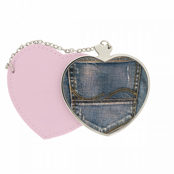 Pocket Denim Jean Cowboy Lining Textile Mirror Travel Purse Makeup Heart Pink