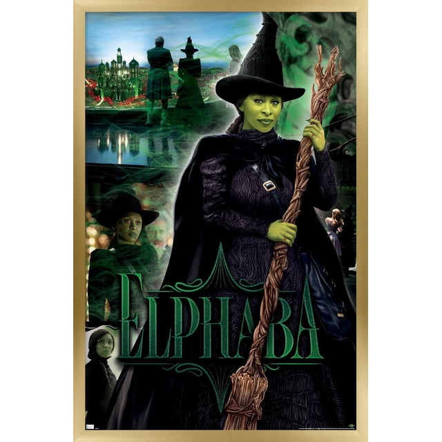 Wicked - Elphaba Wall Poster, 22.375" x 34" depicting Elphaba in a black textured dress and pointed hat, holding a twisted wooden broomstick with green smoke effects. The background shows silhouettes of characters and a glowing emerald cityscape with the green 'Elphaba' text at the bottom. This glossy, lightweight poster is easy to hang and suitable for bedrooms, offices, or dorm rooms.