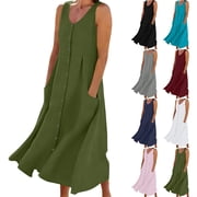 Summer Linen Dress for Women Crew Neck Button Down Maxi Dresses Sleeveless Casual Lightweight Flowy Dress with Pockets Navy Dress,Size S-2XL