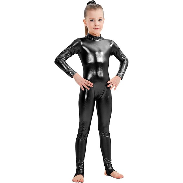Girls Shiny Metallic Long Sleeve Unitard Spandex One Piece Wet Look Kid Bodysuit