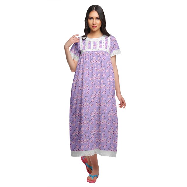 Moomaya Robe de Nuit Maxi pour Femmes en Coton Imprimé à Bordure Volantée