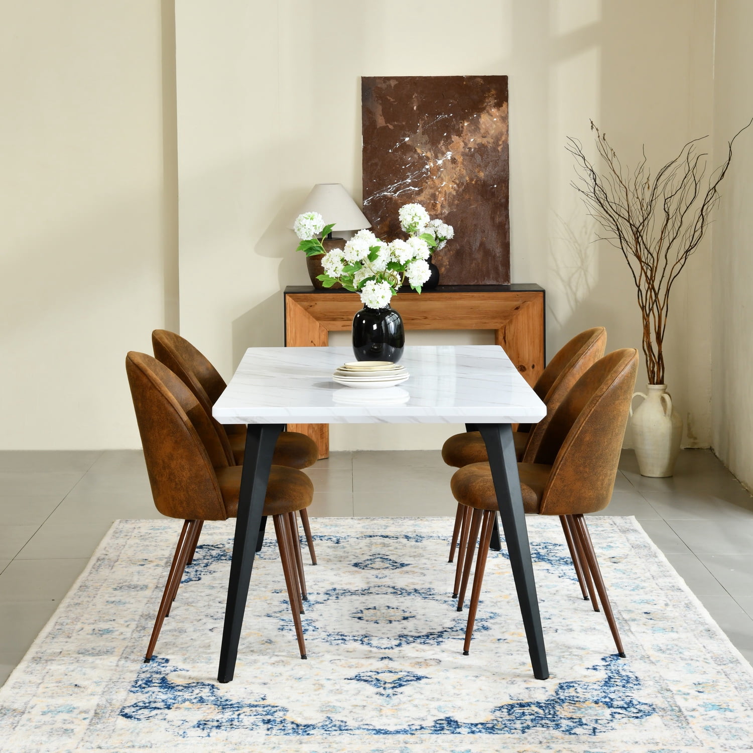 Ensemble de salle à manger Homy Casa 5 pièces, table rectangulaire imitation noyer avec chaises rembourrées
