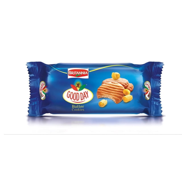 Britannia Good Day Butter Cookies 75 g pack in blue foil packaging featuring Britannia and Good Day logos, showing golden ridged shortbread-style butter cookies with butter curls, ideal for tea-time and vegetarian snacking.