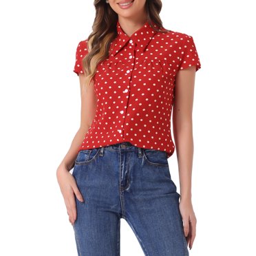 INSPIRE CHIC Chemise Vintage à Manches Courtes pour Femme, Boutonnée, à Pois, TP Rouge