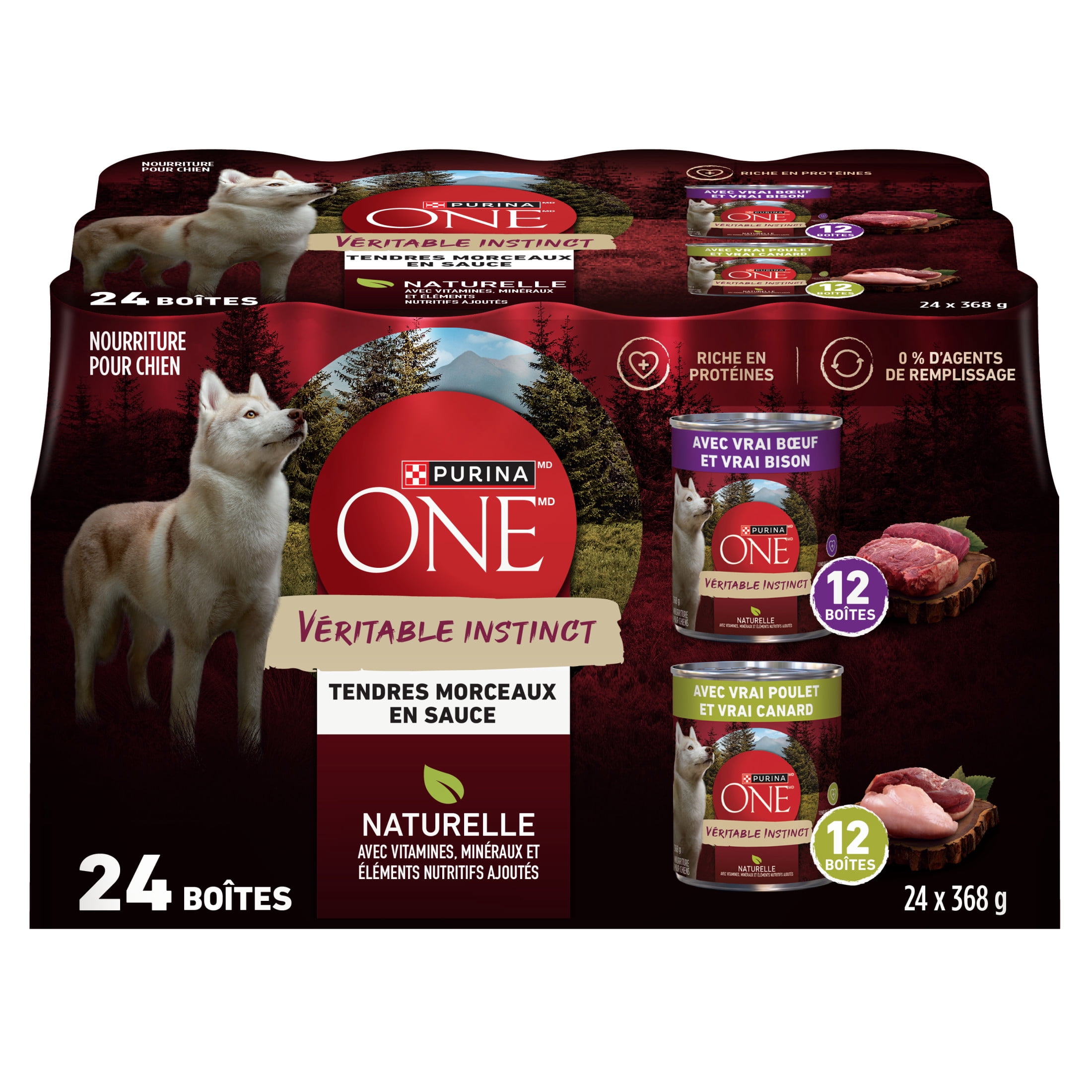 Purina ONE True Instinct Emballage Assorti Tendres Morceaux en Sauce, Nourriture Humide pour Chiens, 368g x 24