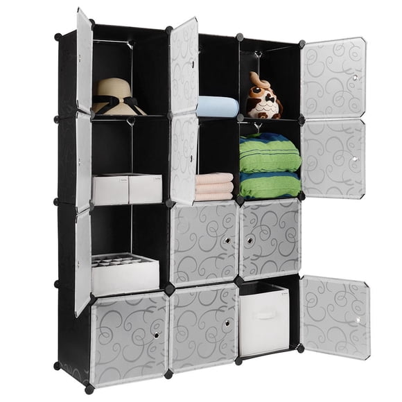 Multi-Use Portable Closet Shelves, 12 Cube DIY Wardrobe Closet Organizer, Plastic Storage Cabinet Bookcase Space Saving & Sturdy Construction, Black