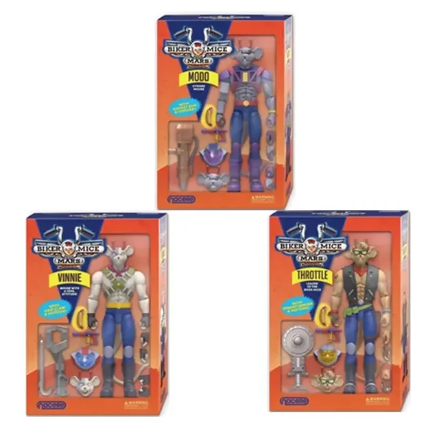NACELLE Biker Mice From Mars Throttle, Modo, et Vinnie collection de Figurines d'Anime d'Action. l'Image Montre Trois Figurines d'Action en Boîte, Chacune Mettant en Vedette un Personnage de la Série Biker Mice From Mars. Chaque Boîte Comprend la figurine et des Accessoires, Tels Que des Casques et des Armes, Présentés dans un Emballage vibrant avec des Noms de Personnages Bien Étiquetés.