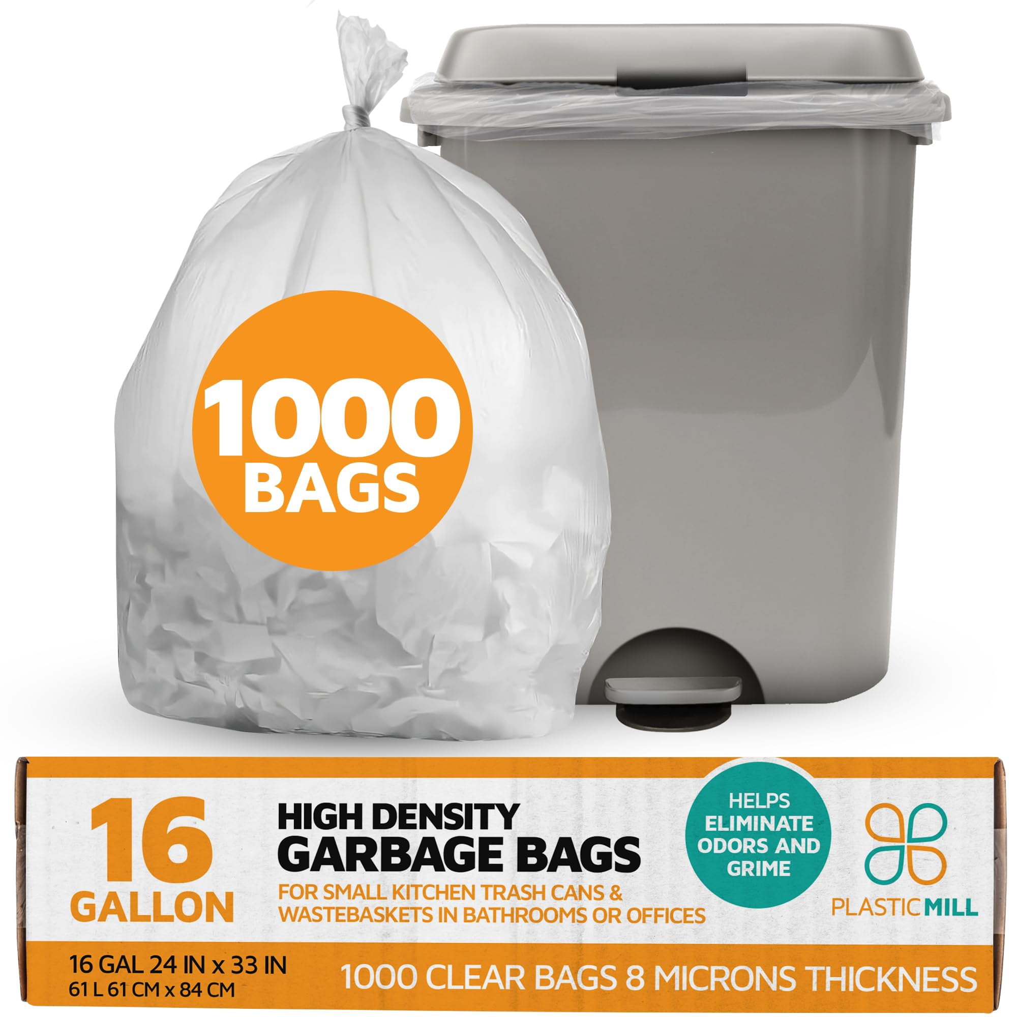 PlasticMill Heavy Duty Trash Bags - Clear Garbage Bags - Plastic Trash Bags - Kitchen, Bathroom, Office Garbage Bags, Trash Can Liners - 12-16 Gallon Small Trash Bags, 8 Microns, 24"x33" (1,000-Count)