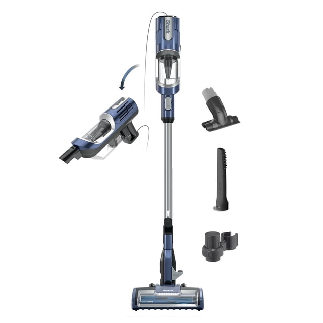 Shark HZ600C UltraLight Pet Pro Corded Stick vacuum in blue with PowerFins and self-cleaning brushroll, shown upright with detachable hand vacuum and cleaning attachments for pet hair and debris removal on floors and above-floor surfaces.