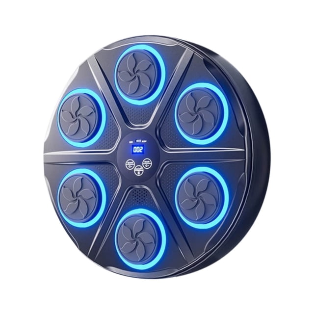 EGNMCR Mur de Boxe Musical Bluetooth Entraînement de Boxe à Domicile, machine de Boxe Intelligente Circulaire avec six zones d'Impact Rembourrées Entourée de Lumières DEL Bleues. le Centre Présente un Écran Numérique et des Boutons de Contrôle pour le Réglage du mode et de la Vitesse. Idéal pour l'Entraînement à Domicile, Il Se Monte au Mur et Se Connecte via Bluetooth pour Jouer de la Musique, Améliorant les Entraînements avec des Effets Lumineux Synchronisés et une Mousse durable Absorbant les Chocs.