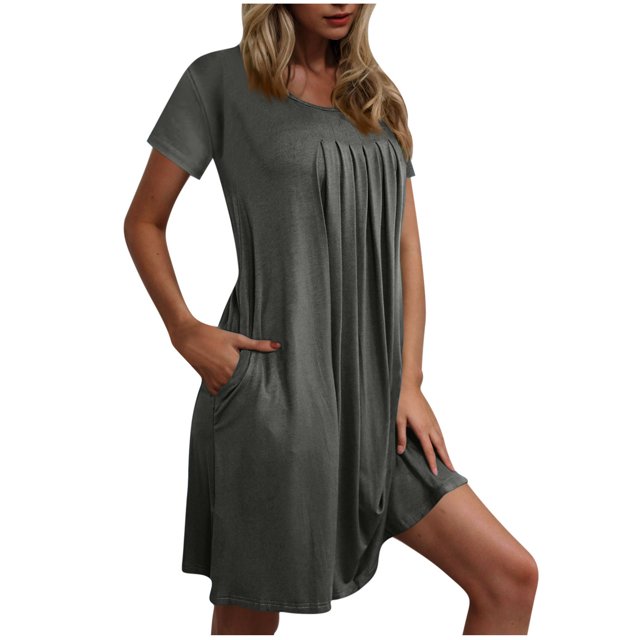 Ovzne Robes d'Été pour Femmes 2025 Robe d'Été Femmes Chemise de Nuit avec Poches Chemises de Sommeil Manches Courtes Tenue de Nuit devant Plissé Nuisette Col Rond Robe de Nuit Robe d'Été Manches Courtes C