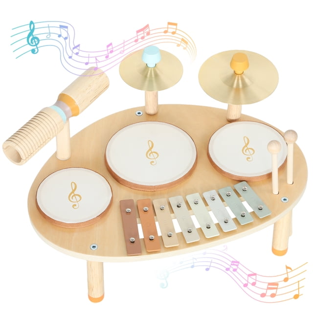 Qaba Ensemble de Batterie pour Tout-Petit, Instruments de Musique 4-en-1 avec Batterie et Xylophone