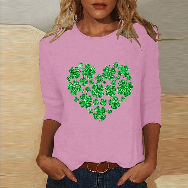 T-Shirt Ample à Manches Trois-Quarts et Col Rond Imprimé pour la Saint-Patrick pour Femmes