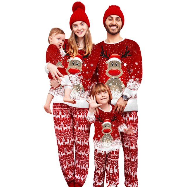 SUNSIOM Matching Family Christmas Pajamas, Long Sleeve Deer Snowflake Print Pullover + Pants Set